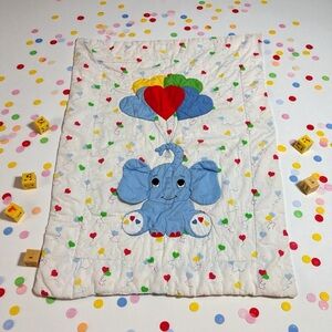 Vintage Red Calliope Blue Elephant Baby Crib Blanket Quilt Heart Balloons 44x 33